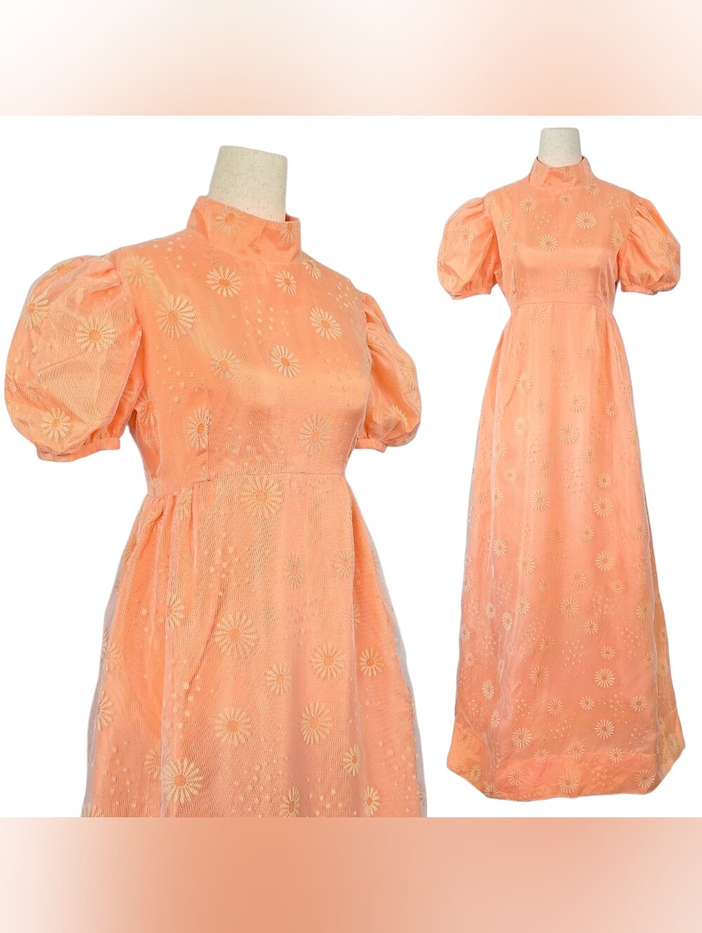 1960s Vintage Dress 60s Prom Gown Maxi Peach Orange Floral XS Small Puff Sleeves